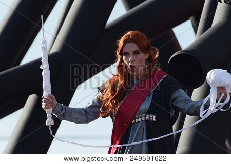 ST. PETERSBURG, RUSSIA - JULY 15, 2018: Julia Gertseva as Lady Macbeth in the opera Macbeth outdoors during the festival All Together Opera. It was 2nd of 4 performances