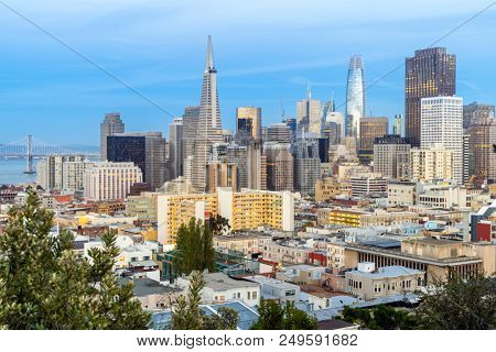 San Francisco downtown skyline Aerial view at sunset from Ina Coolbrith Park Hill in San Francisco, California, USA.
