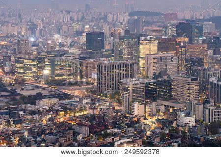 Aerial Sunset and Night view of Seoul Downtown cityscape with Seoul Tower in South Korea