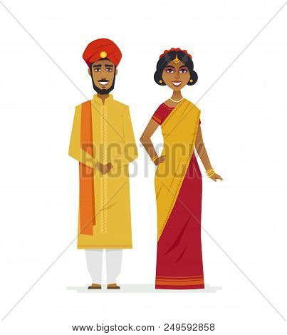 Happy Indian Couple - Cartoon People Characters Isolated Illustration On White Background. Smiling M