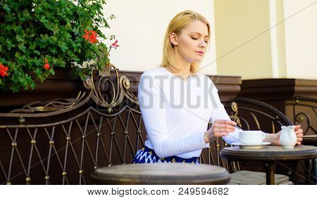 Great Start Of Day. Woman Elegant Calm Face Have Coffee Cafe Terrace Outdoors. Girl Drink Coffee Eve