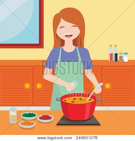 Vector Illustration Of Cheerful Young Woman Cooks A Curry