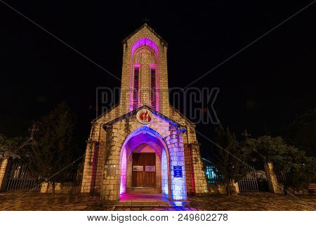 Beautiful Ancient Marble Stone Church Landmark Of Sapa At Night, Sapa Is Most Popular Traveling Dest
