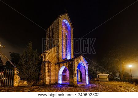 Beautiful Ancient Marble Stone Church Landmark Of Sapa At Night, Sapa Is Most Popular Traveling Dest