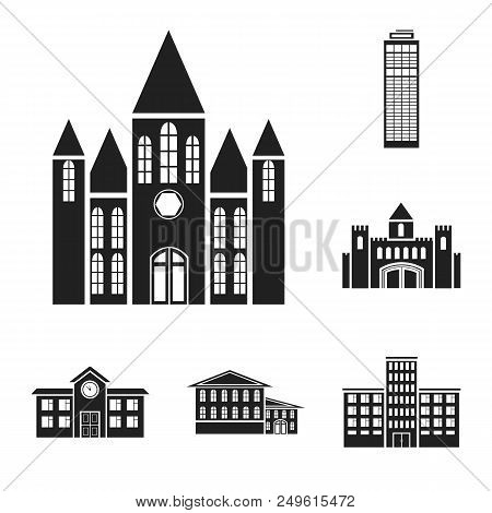 Building And Architecture Black Icons In Set Collection For Design. Construction And Institution Vec