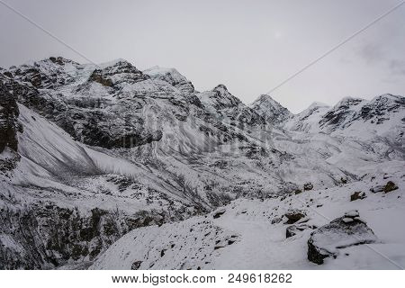 Mountain Landscape On The Snow-covered Thorong La Pass, Nepal.