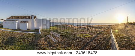 Traditional Whitewashed House At Costa De La Luz Seashore, Matalascanas, Huelva. Sunset