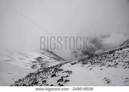 Mountain Landscape On The Snow-covered Thorong La Pass, Nepal.