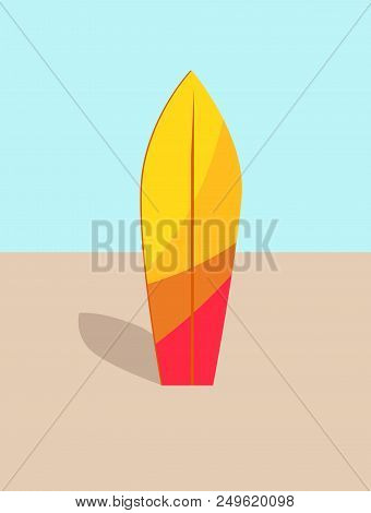 Colorful Surfboard In Hot Sand Surfboarding Element, Wooden Surfing Board Flat Style, Orange And Red