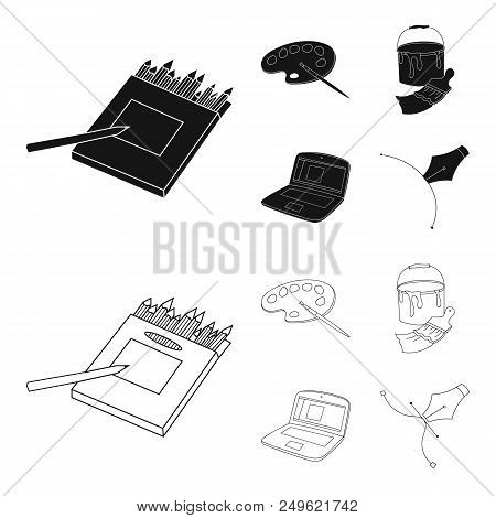 A Palette With A Brush, A Bucket With A Paint Brush, A Computer, A Tool, A Pen.artist And Drawing Se