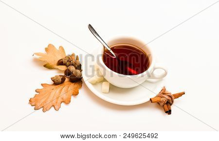 Autumn Drink Concept. Drink And Acorn And Oak Leaves. Tea Served With Spoon, Sugar And Decor As Cinn
