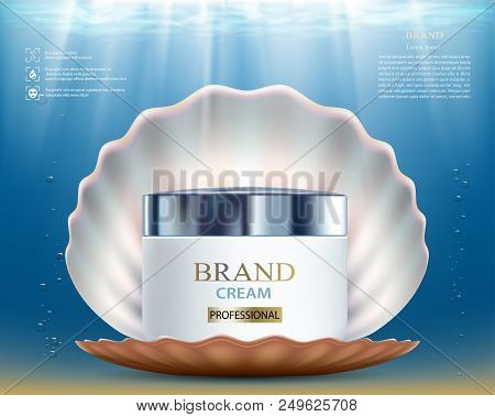 Cosmetic Cream With Seashell. Packaging Brand Design. Stock Vector Illustration.