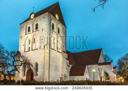 Ronneby Church In The Evening Light Against Blue Sky, Sweden, December 6, 2017