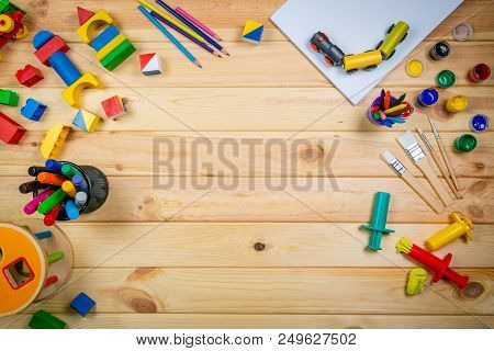 Day Care Concept - Toy And Art Supply, Top View, Copy Space