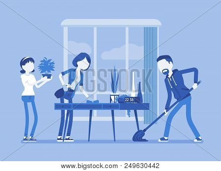 Family Cleaning The House. People Doing Together Regular Light Work Of A Household, Housekeeping Man