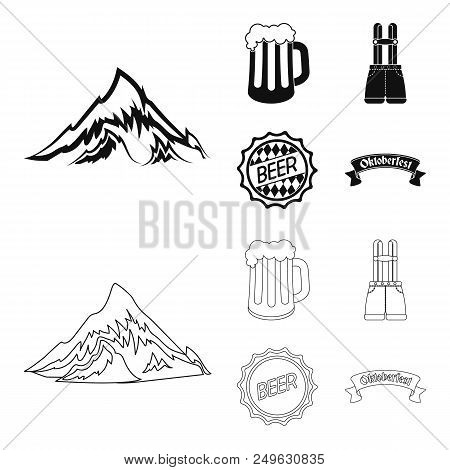 Shorts With Suspenders, A Glass Of Beer, A Sign, An Emblem. Oktoberfest Set Collection Icons In Blac