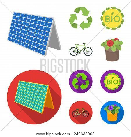 Bio Label, Eco Bike, Solar Panel, Recycling Sign.bio And Ecology Set Collection Icons In Cartoon, Fl