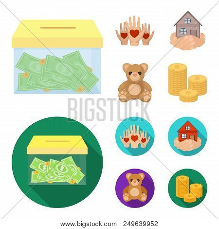Boxing Glass With Donations, Hands With Hearts, House In Hands, Teddy Bear For Charity. Charity And 