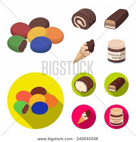 Dragee, Roll, Chocolate Bar, Ice Cream. Chocolate Desserts Set Collection Icons In Cartoon, Flat Sty