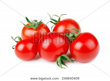 Fresh Cherry Tomatoes With Green Stem On White Background