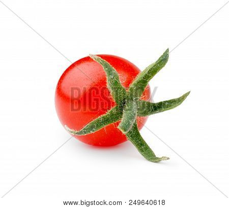 Cherry Tomato With Green Stem Isolated On White Background