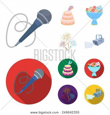 Hand Making A Cake With Cream, A Microphone With A Cord, A Bouquet Of Roses With A Greeting Card, A 