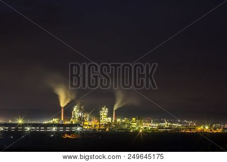 Panorama View Of Cement Plant And Power Sation At Night In Ivano-frankivsk, Ukraine