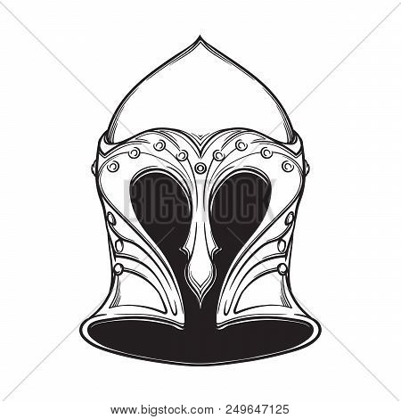 Fantasy Elven Helmet. Heraldry Element. Black A Nd White Drawing Isolated On White Background. Eps10