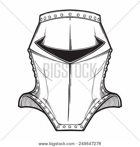 Late Medieval European Helmet Tipically Worn By Mounted Knights At War. Front View. Heraldry Element