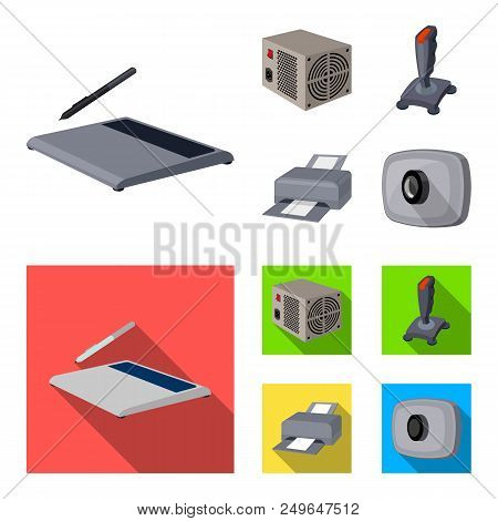 Power Unit, Dzhostik And Other Equipment. Personal Computer Set Collection Icons In Cartoon, Flat St