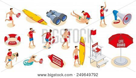 Beach Lifeguards Inventory Isometric Icons  Set Of Binocular Loudspeaker Umbrella Lifebuoy Surfboard