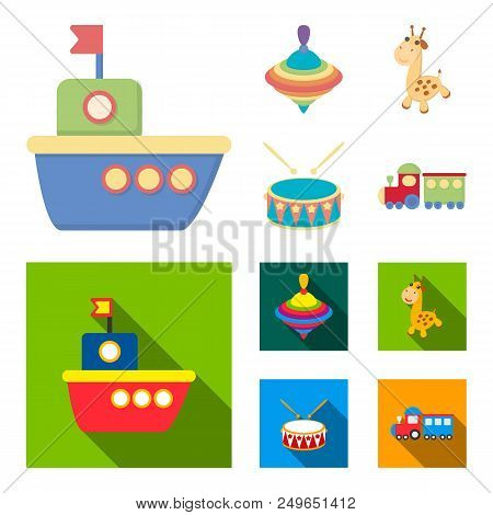 Ship, Yule, Giraffe, Drum.toys Set Collection Icons In Cartoon, Flat Style Vector Symbol Stock Illus
