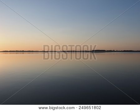 Scenery Of Sun Set Over Artificial European Goczalkowice Reservoir And Coastline Near Pszczyna City 