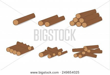 Wooden Logs. Brown Bark Of Felled Dry Wood. Purchase For Construction. Vector Illustration. A Set Of