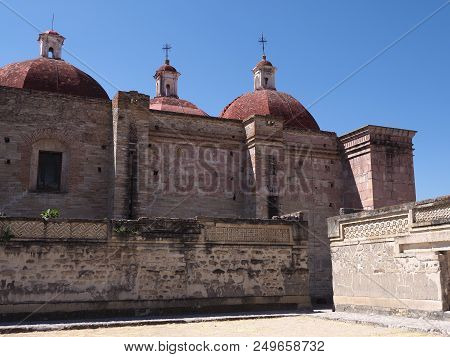 Courtyard Of San Pedro Church At Mitla City Important Archeological Site Of Zapotec Culture In Oaxac