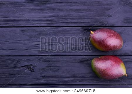 Mango Fruits And Copy Space. Two Whole Mangoes On Black Wooden Background With Text Space. Tasty Tro