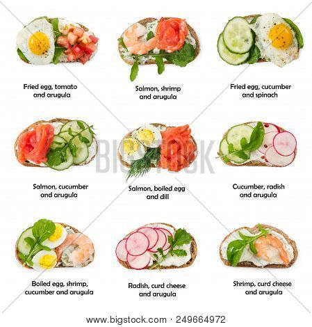 Set Of Various Small Sandwich Isolated On White Background. Top View.