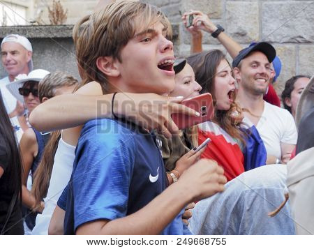St Malo, France - July 15, 2018. Unidentified French Football Fans Supporters At France In Front Of 