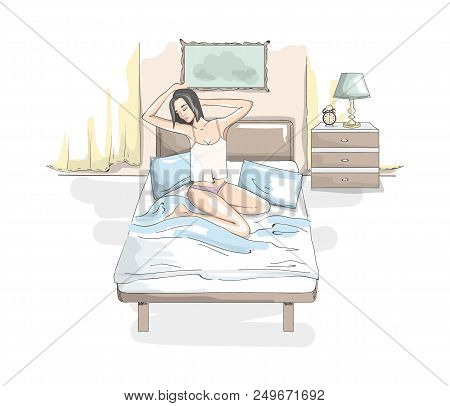 Beautiful Young Woman In Underwear Strecthing Up In The Bed After A Sleep. Pretty Girl Relaxing On T