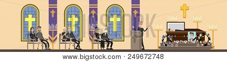 Funeral Service In . People In Black Clothes Crying At The Memorial Ceremony In The Church . Vector 