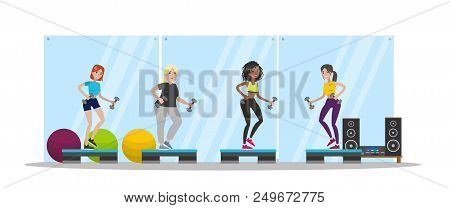 Group Fitness Class. Beautiful Women Training Together In The Gym With Differnet Equipment Such As D