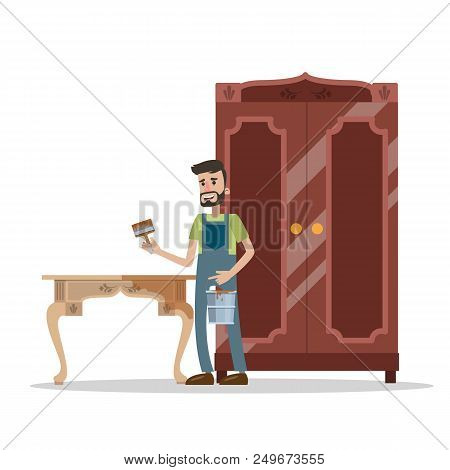 Man Painting Wooden Table. Furniture Renovation And Redecoration. Isolated Vector Illustration Set.