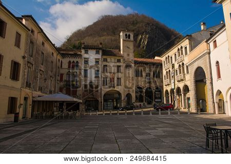 Vittorio Veneto, Italy - February 11th 2018. Buildings In Piazza Flaminio In The Historic Town Of Vi