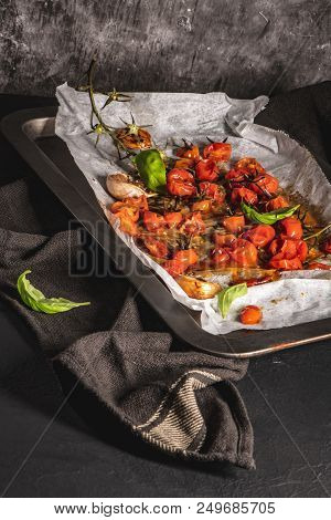 Roasted Cherry Tomotoes. Mediterranean Food Recipe Idea.