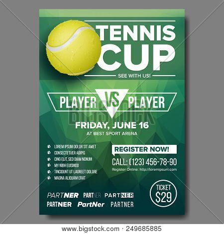 Tennis Poster Vector. Design For Sport Bar Promotion. Court, Tennis Ball. Modern Flyer Tournament. S