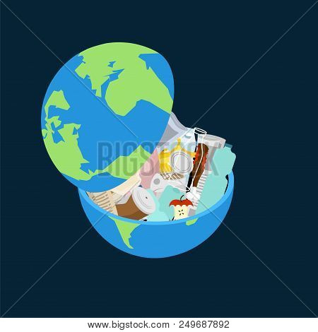 Earth Garbage Dump. Planet And Garbage. Scrapyard Vector Illustration.