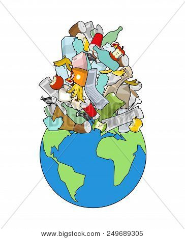 Earth Garbage Dump. Planet And Garbage. Scrapyard Vector Illustration.