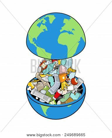 Earth Garbage Dump. Planet And Garbage. Scrapyard Vector Illustration.