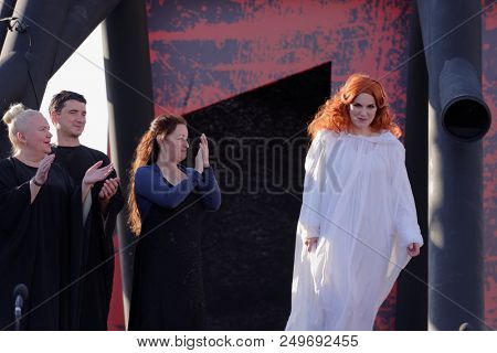ST. PETERSBURG, RUSSIA - JULY 15, 2018: Julia Gertseva as Lady Macbeth (right) in the opera Macbeth outdoors during the festival All Together Opera. It was 2nd of 4 performances