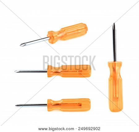 Tiny Crosshead Screwdriver With A Plastic Orange Handle, Isolated Over The White Background, Set Of 